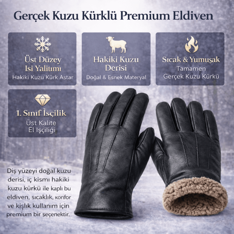 İçi kürklü hakiki kuzu derisi erkek eldiven, siyah renk, soğuk havalarda sıcak tutan kışlık deri eldiven
