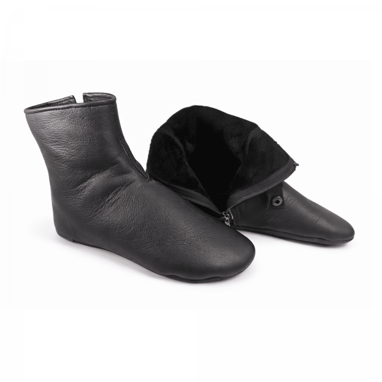 Hakiki deri kürklü siyah ev ayakkabısı mest modeli