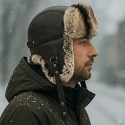 Ushanka Tabışgan Kahve Tavşan Kürklü Erkek Deri Börk, Şapka Modelimiz - Ş057