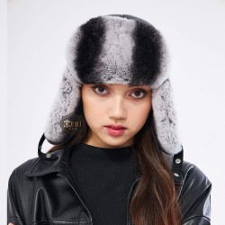 Gri Tavşan Kürklü Ushanka Kadın Deri Şapka | Derisitesi Gri Tavşan Kürklü Ushanka Kadın Deri Şapka | Derisitesi