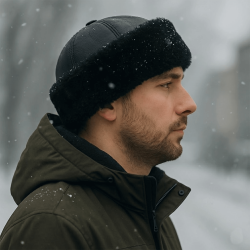 Black Winter Fur Hat - Outdoor Leather Hat