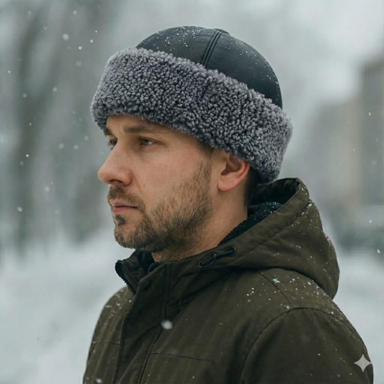 Gri Renk Kıvırcık Tüylü İçi Kürklü Outdoor Deri Şapka - Serdar Modeli - Ş074 Gri Renk Kıvırcık Tüylü İçi Kürklü Outdoor Deri Şapka - Serdar Modeli - Ş074