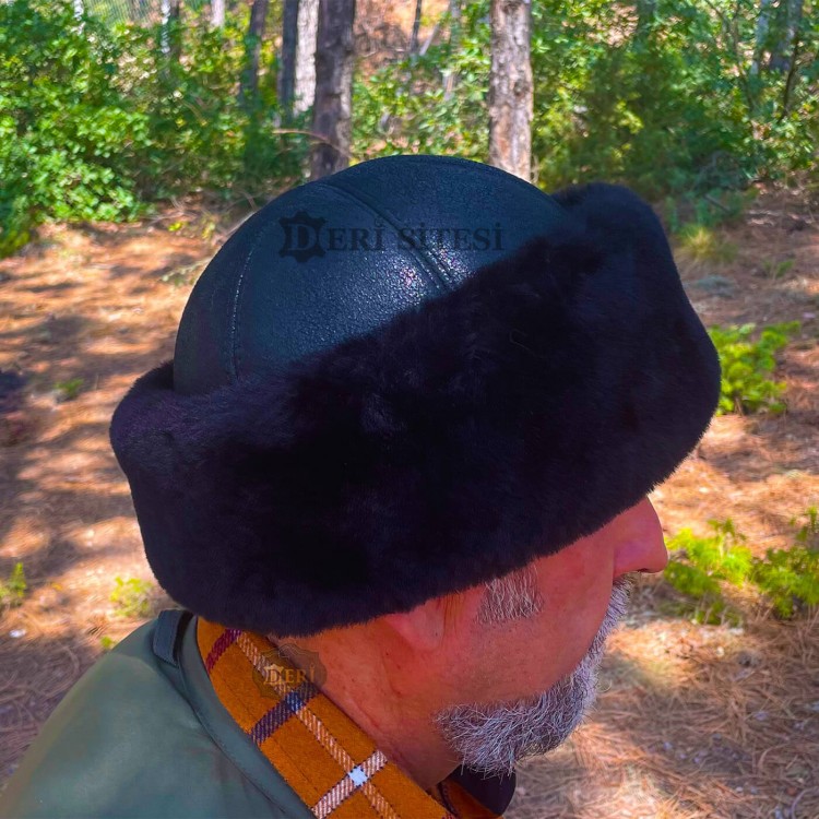 Erkek Koyun Derisi Siyah Şapka - Kürklü Kışlık Outdoor Şapka