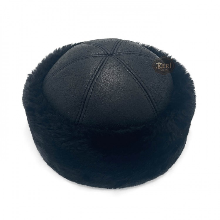 Erkek Koyun Derisi Siyah Şapka - Kürklü Kışlık Outdoor Şapka