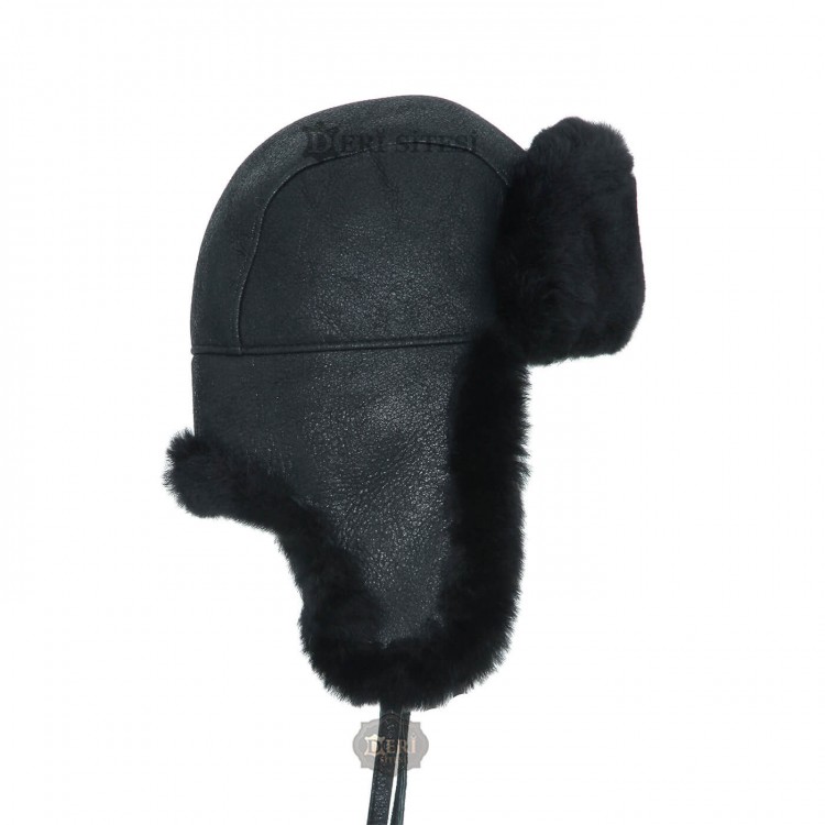 Erkek Siyah Deri Ushanka Şapka - Kışlık Kürklü Outdoor Şapka