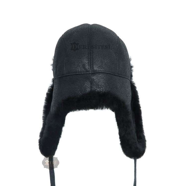 Erkek Siyah Deri Ushanka Şapka - Kışlık Kürklü Outdoor Şapka