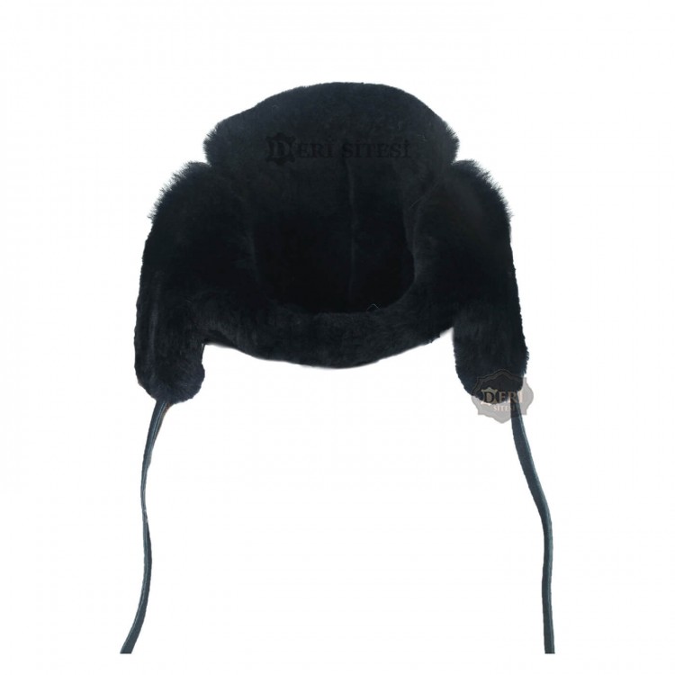 Erkek Siyah Deri Ushanka Şapka - Kışlık Kürklü Outdoor Şapka