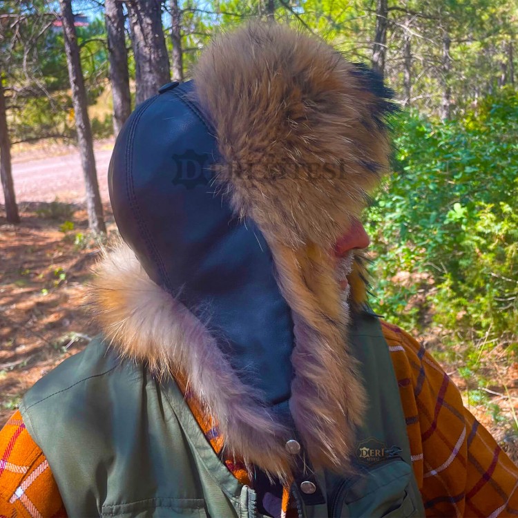 Finn Rakun Ushanka Deri Şapka - Kışlık Rakun Kürklü Outdoor Şapka