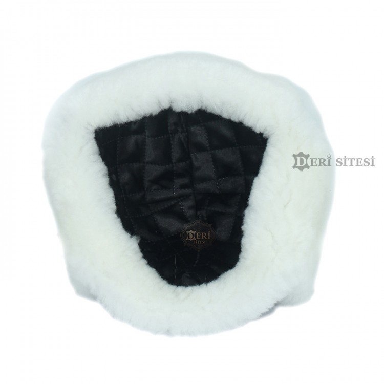 Beyaz Tilki Kürklü Deri Şapka - Kışlık Tilki Kürklü Outdoor Şapka