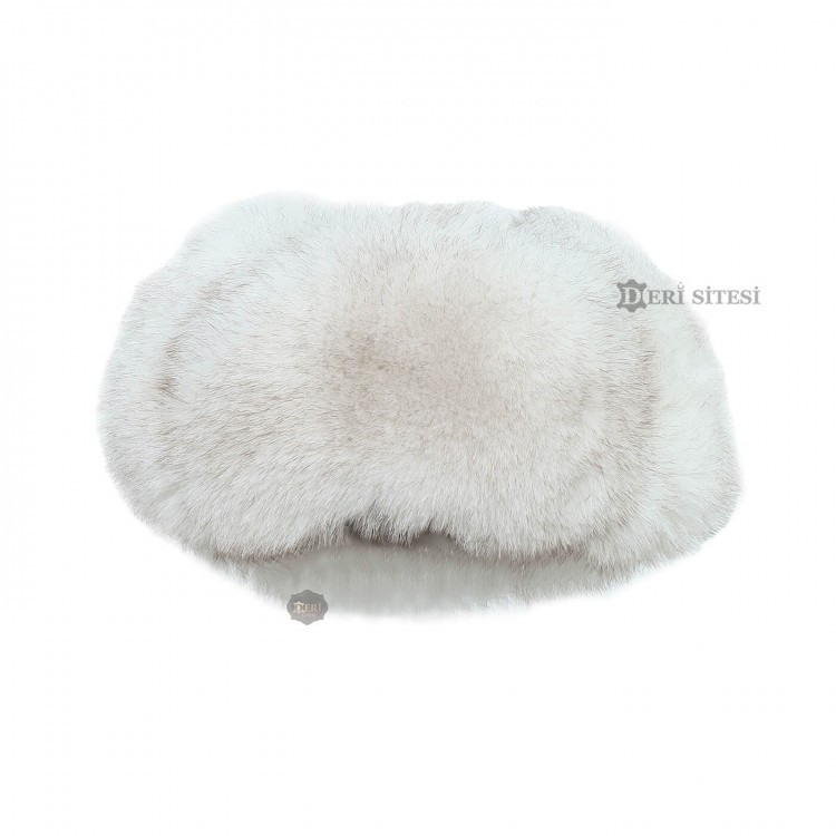 Beyaz Tilki Kürklü Deri Şapka - Kışlık Tilki Kürklü Outdoor Şapka
