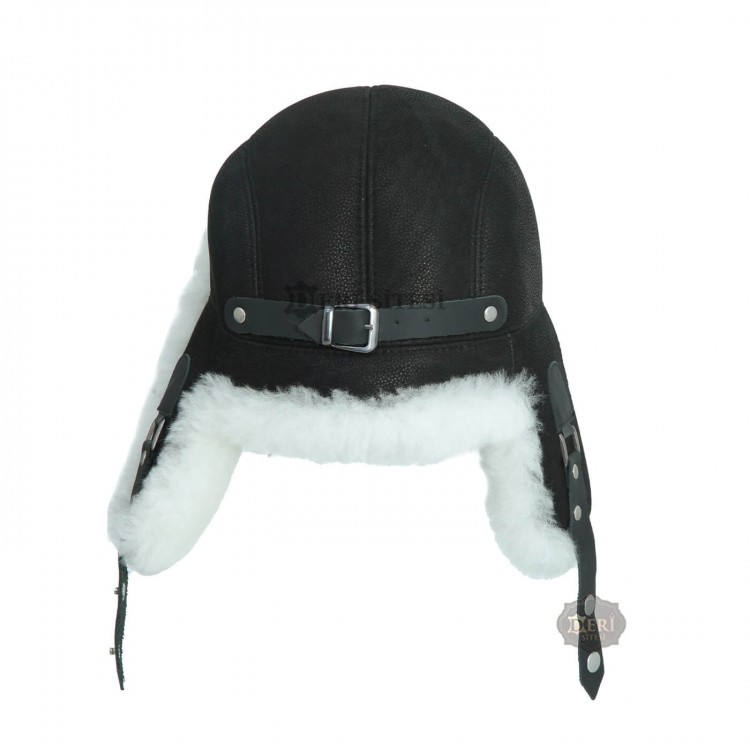 Erkek Koyun Derisi Beyaz Kürklü Pilot Şapka - Soğuk Havalarda Şıklık