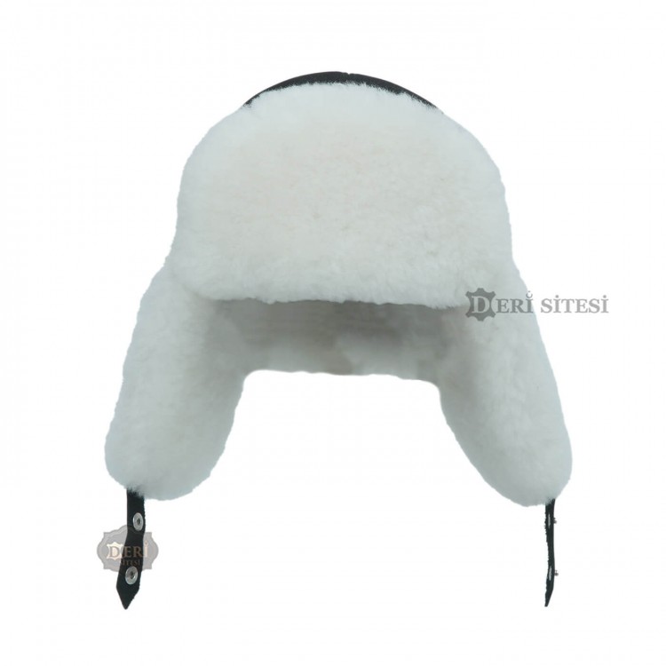 Erkek Koyun Derisi Beyaz Kürklü Pilot Şapka - Soğuk Havalarda Şıklık