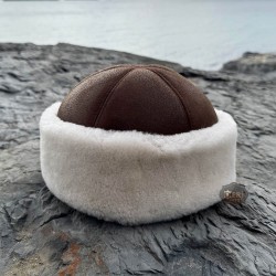 Winter Greetings: Brown Leather Hat with White Fur Winter Greetings: Brown Leather Hat with White Fur