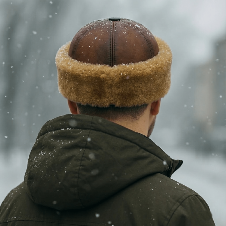 Kahverengi erkek deri börk, hakiki kuzu kürkü ile üretilmiş kışlık geleneksel başlık Kahverengi erkek deri şapka, hakiki kuzu kürkü ile üretilmiş kışlık geleneksel börk