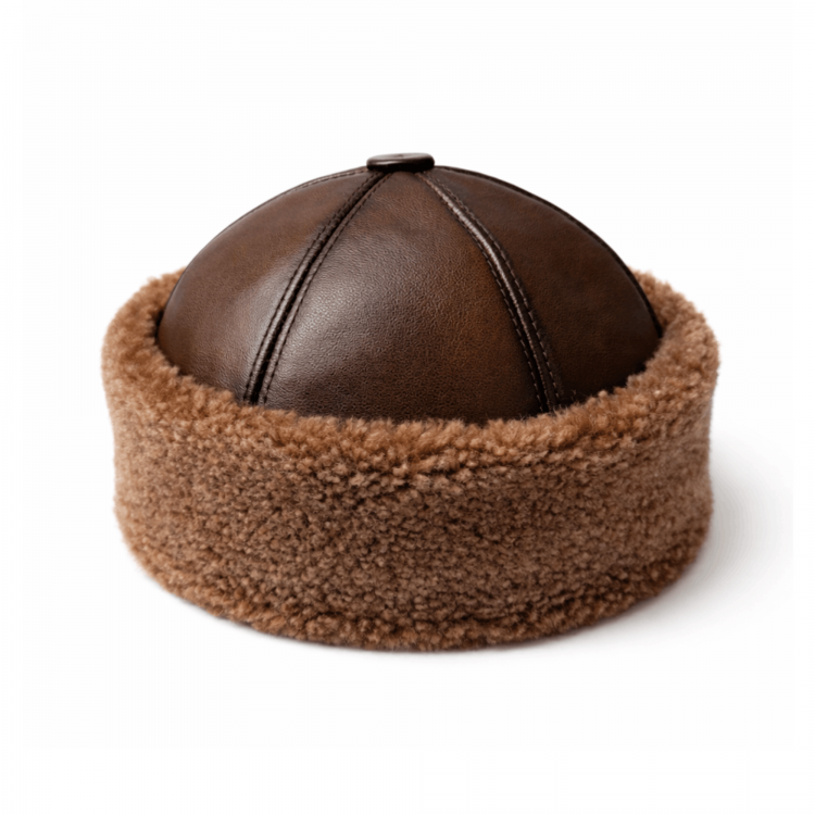 Brown Men's Leather Hat | Lambskin Fur Lined | Shearling Sheepskin Winter Hat Brown Men's Leather Winter Shearling Sheepskin Hat
