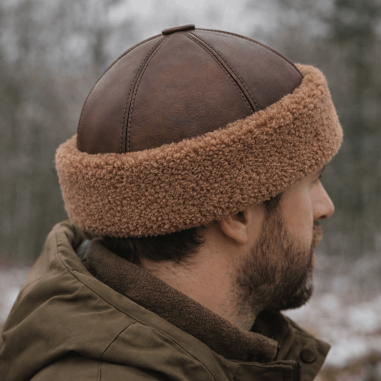 Brown Men's Leather Hat | Lambskin Fur Lined | Shearling Sheepskin Winter Hat Brown Men's Leather Winter Shearling Sheepskin Hat