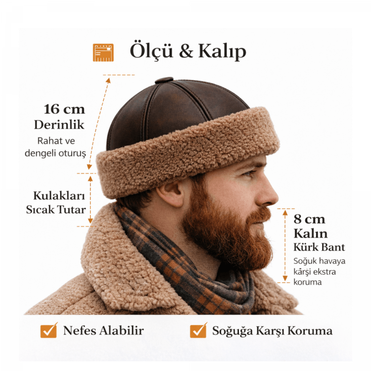 Brown Men's Leather Hat | Lambskin Fur Lined | Shearling Sheepskin Winter Hat Brown Men's Leather Winter Shearling Sheepskin Hat