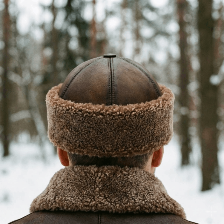 Brown Men's Leather Hat | Lambskin Fur Lined | Shearling Sheepskin Winter Hat Brown Men's Leather Winter Shearling Sheepskin Hat