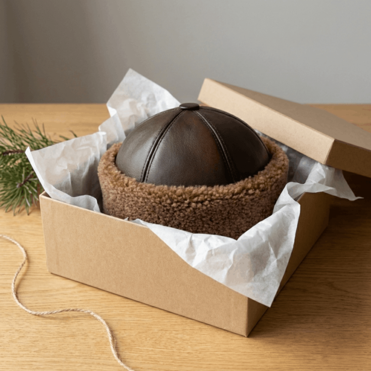 Brown Men's Leather Hat | Lambskin Fur Lined | Shearling Sheepskin Winter Hat Brown Men's Leather Winter Shearling Sheepskin Hat