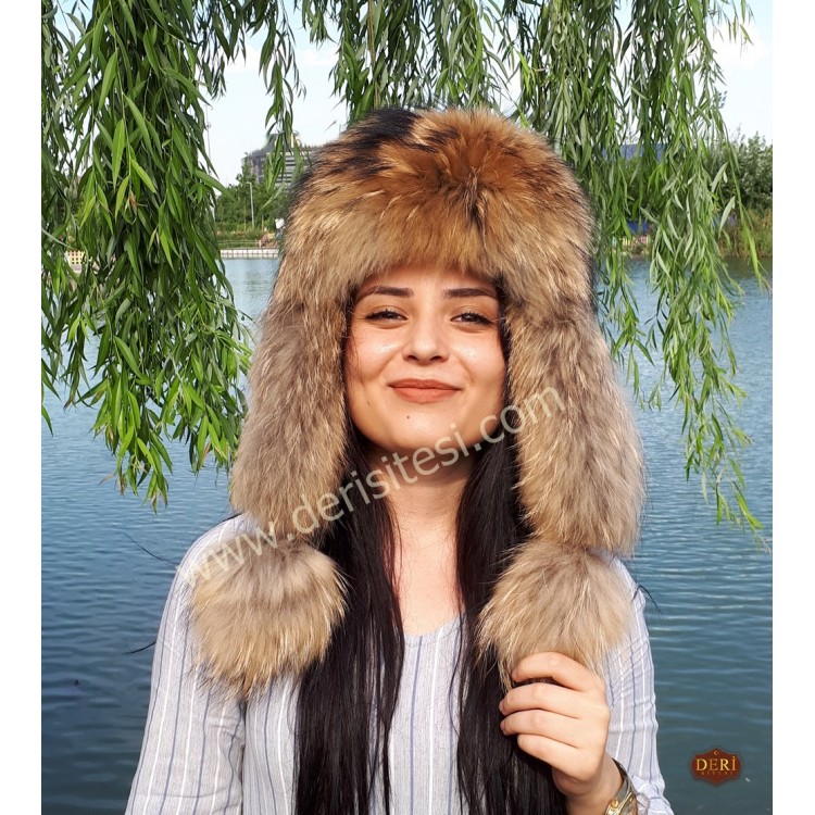 %100 Hakiki Rakun Kürklü Ushanka Kadın Deri Şapka - Stil ve Sıcaklık