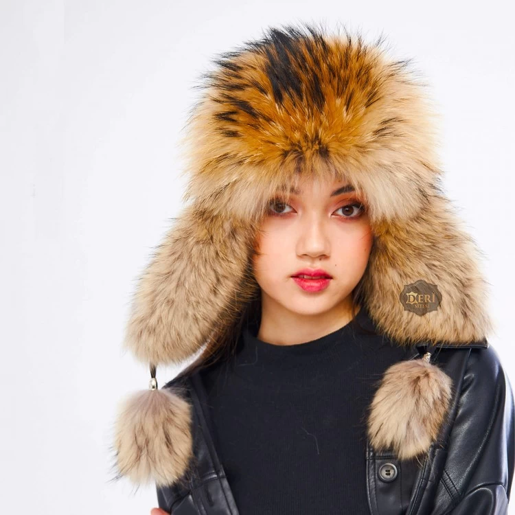 %100 Hakiki Rakun Kürklü Ushanka Kadın Deri Şapka - Stil ve Sıcaklık