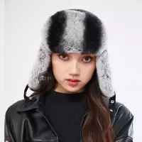 Russian Winter Rex Rabbit fur brimmed peaked hat black/gray Mob Wife Luxury Glacier Wear Chinchilla Rex Rabbit Fur Russian Trooper Hat  main image 4