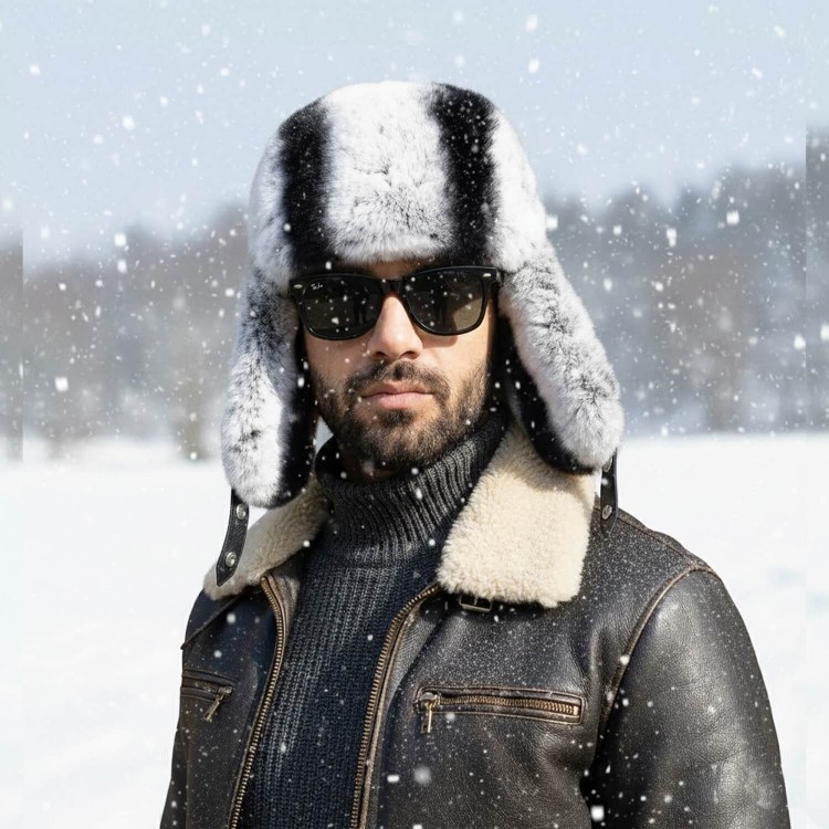 Uygun Fiyatlı Ushanka Gri Tavşan Kürklü Erkek Deri Şapka 