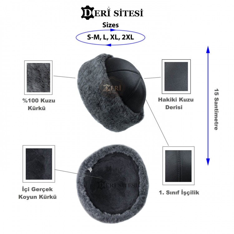 Deri Şapka Gri Renk İçi Kürklü Deri Şapka - Kürşad Deri Börk - Ş075