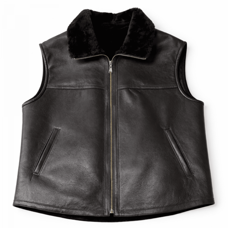 Men’s leather vest made from genuine lambskin with real shearling lining, zippered front, winter wear