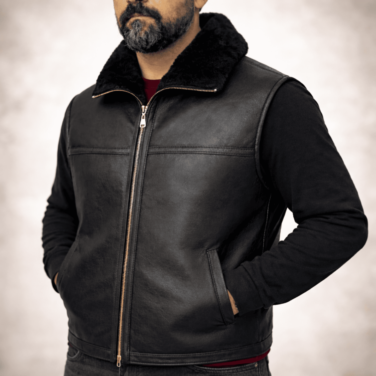 Men’s leather vest made from genuine lambskin with real shearling lining, zippered front, winter wear