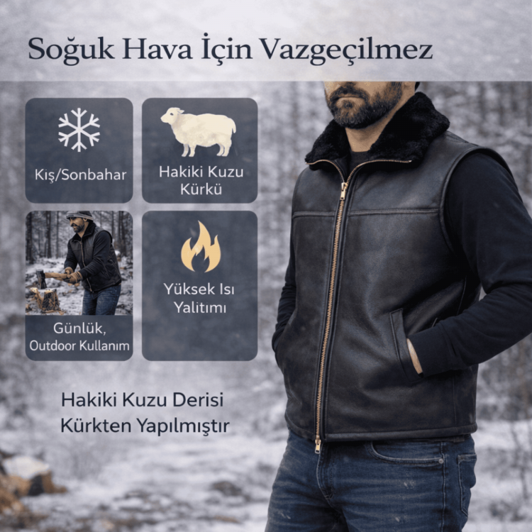 Men’s leather vest made from genuine lambskin with real shearling lining, zippered front, winter wear