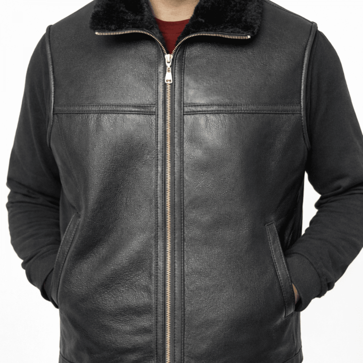 Men’s leather vest made from genuine lambskin with real shearling lining, zippered front, winter wear