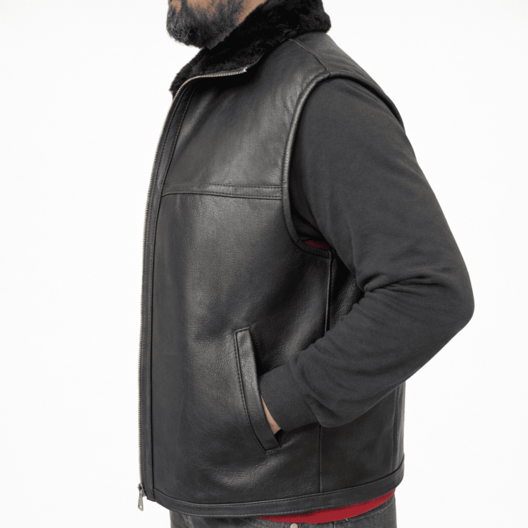 Men’s leather vest made from genuine lambskin with real shearling lining, zippered front, winter wear