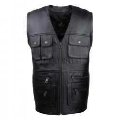 Men's Black Leather Vest - Multi-Pocket Hunter's Leather Vest