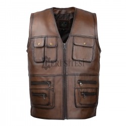 Men's Brown Leather Vest - Multi-Pocket Hunter's Leather Vest