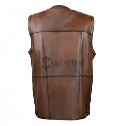 Men's Brown Leather Vest - Multi-Pocket Hunter's Leather Vest