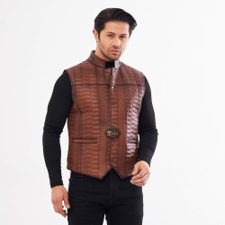 Men's Brown Leather Vest - Lamb Leather - Slim Diamond Pattern