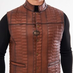 Men's Brown Leather Vest - Lamb Leather - Slim Diamond Pattern