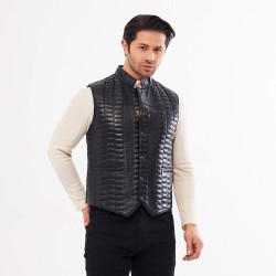 Men's Black Leather Vest - Lamb Leather - Slim Diamond Pattern