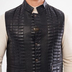 Men's Black Leather Vest - Lamb Leather - Slim Diamond Pattern
