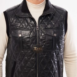 Black Men's Leather Vest | Quilted Diamond Pattern | Detailed Pockets | Handmade