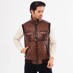 Brown Men's Leather Vest | Quilted Diamond Pattern | Detailed Pockets | Handmade