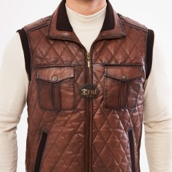 Brown Men's Leather Vest | Quilted Diamond Pattern | Detailed Pockets | Handmade