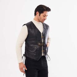 Black Genuine Leather Motorcycle Vest | Chopper Vest | Side Leather Lace Detail
