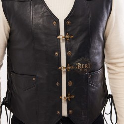 Black Genuine Leather Motorcycle Vest | Chopper Vest | Side Leather Lace Detail