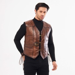 Brown Genuine Leather Motorcycle Vest | Chopper Vest | Side Leather Lace Detail