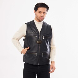Zipped Black Genuine Leather Vest | Handmade | 8 Pockets | Long Lasting