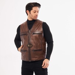 Fermuarlı Kahverengi Deri Yelek 