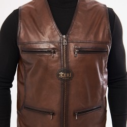 Fermuarlı Kahverengi Deri Yelek 