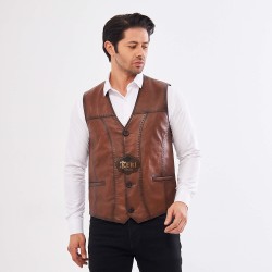 Hakiki Kuzu Derisi Erkek Deri Yelek - Renk: Kahve - Puntolu Y022 Hakiki Kuzu Derisi Erkek Deri Yelek - Renk: Kahve - Puntolu Y022